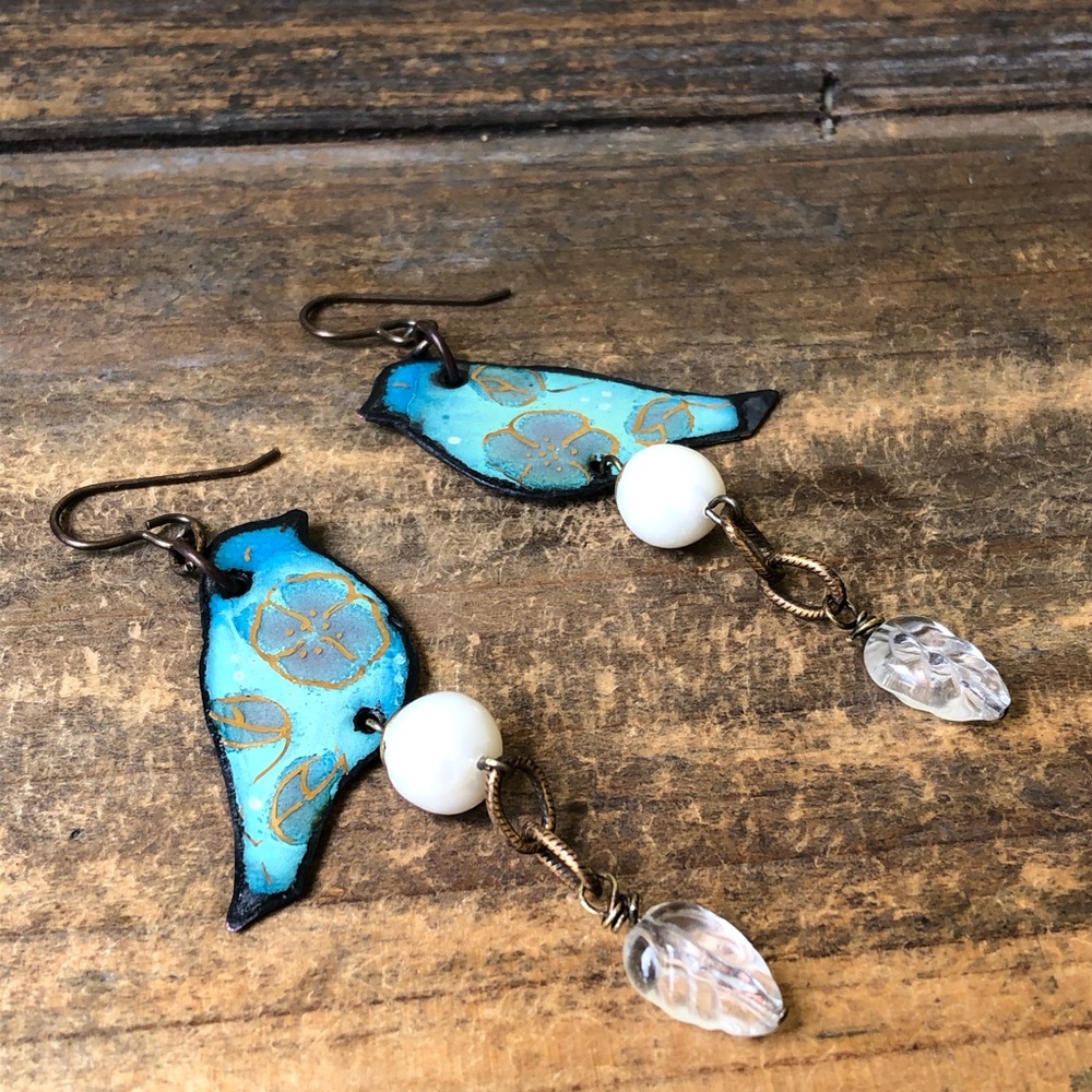 Painted Enamel Bird Pearl Earrings - Picture 2 of 9